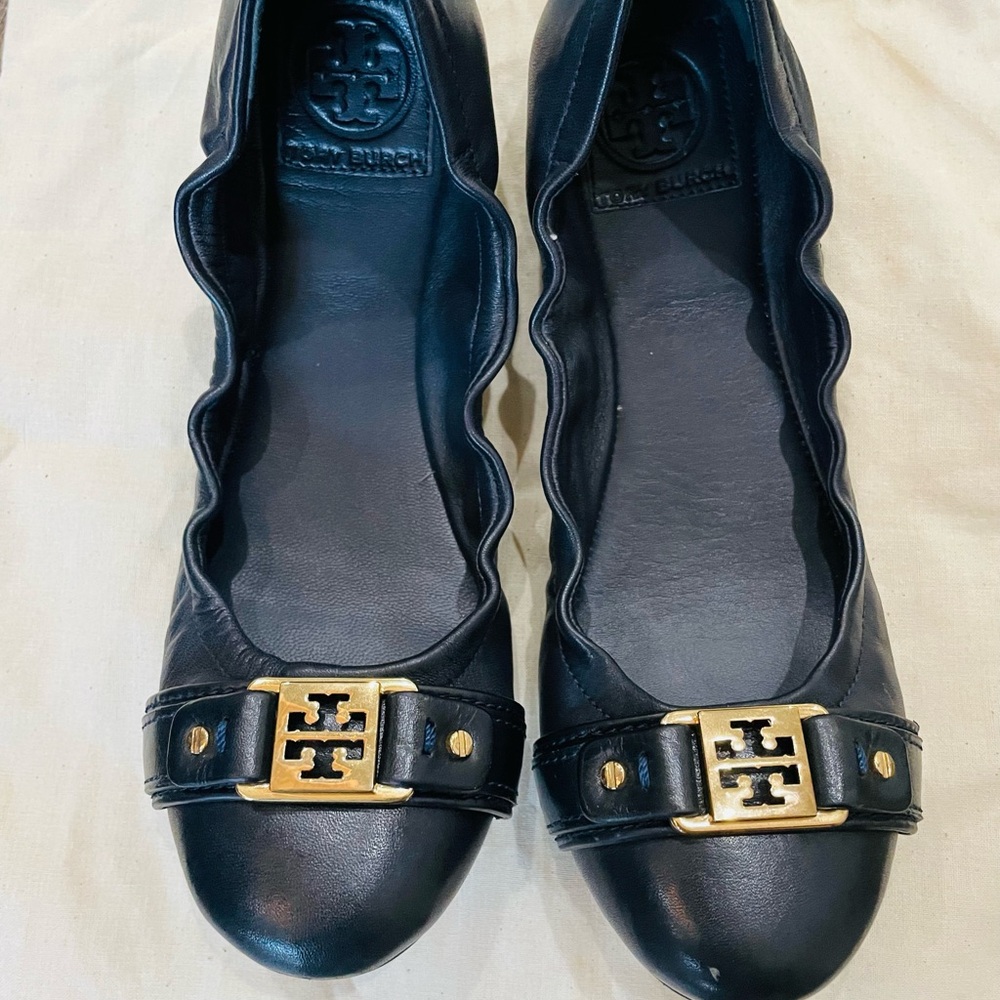 Tory Burch Gold and Blue Flats with Logo Accent